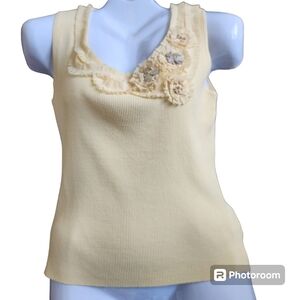 Ruby Rd. Ribbed Stretch Lite Yellow Sleeveless Rayon Knit Embellished Tank Top L